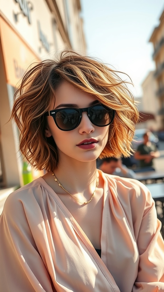A woman with a shaggy bob hairstyle and tousled curls, wearing sunglasses and a stylish top.