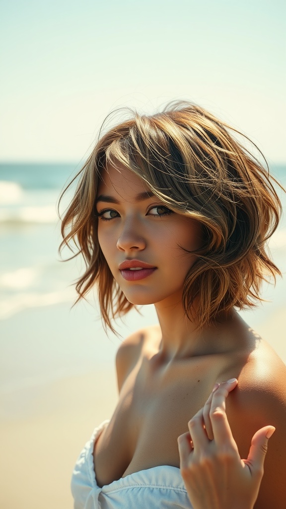 A woman with a shaggy bob haircut featuring tousled curls and shadow roots, standing on the beach.