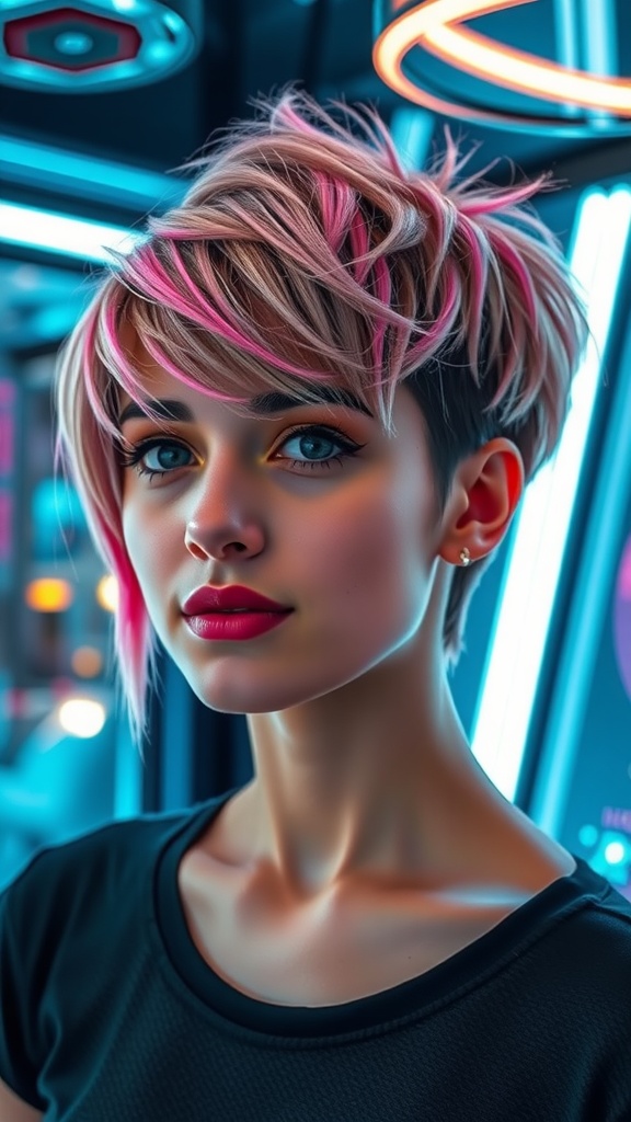 A woman with a shaggy bob haircut, featuring an undercut and pastel pink tips, standing in a stylish environment.
