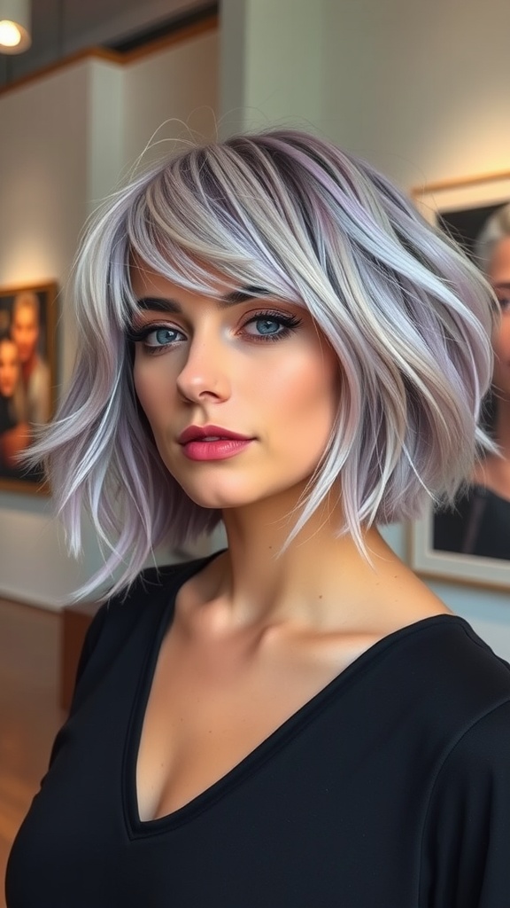 A woman with a shaggy bob hairstyle featuring an undercut, showcasing layered, light-toned hair.