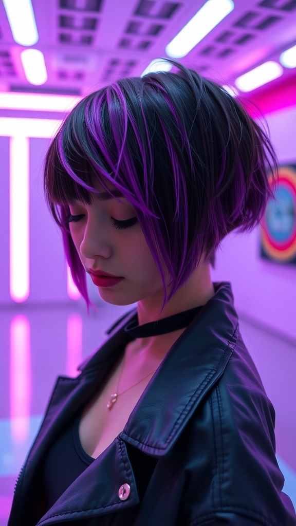 A woman with a shaggy bob haircut featuring purple highlights, styled with an undercut, wearing a black leather jacket in a modern, brightly lit space.