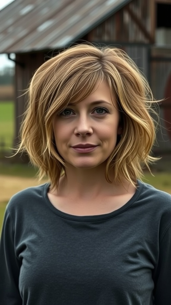 A woman with a shaggy bob haircut featuring warm highlights and an undone texture, standing outdoors.