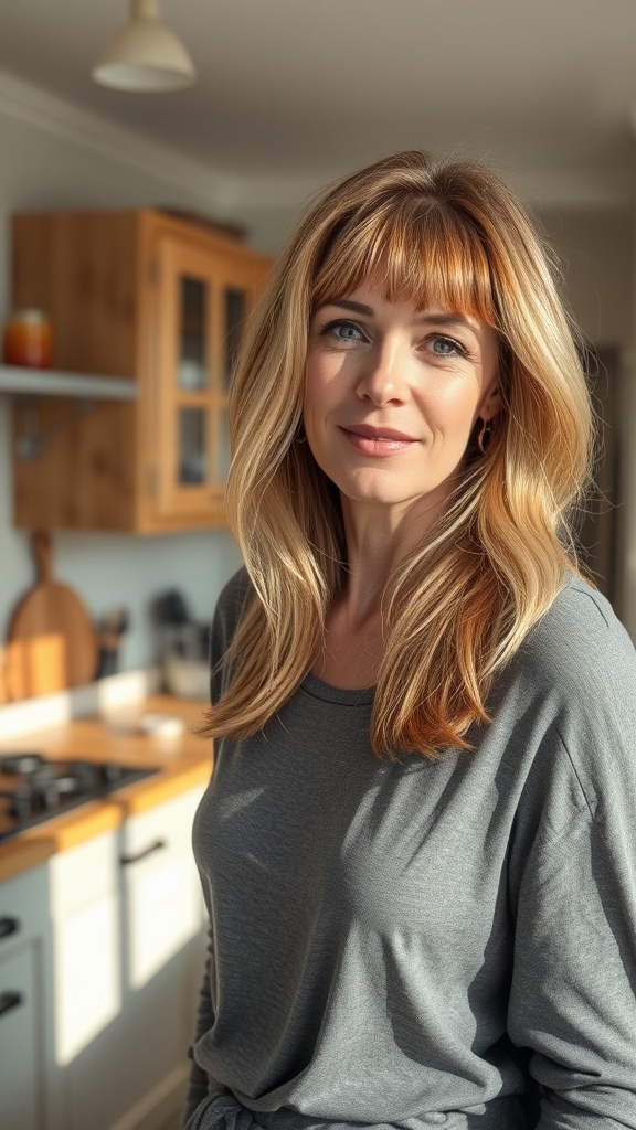A woman with a shaggy bob haircut featuring wispy bangs and soft waves, wearing a gray top in a kitchen setting.