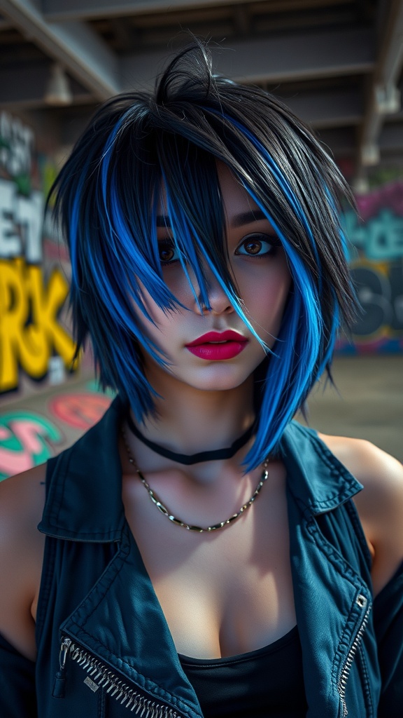 A woman with a shaggy crop hairstyle featuring bold blue streaks, dressed in a casual outfit.