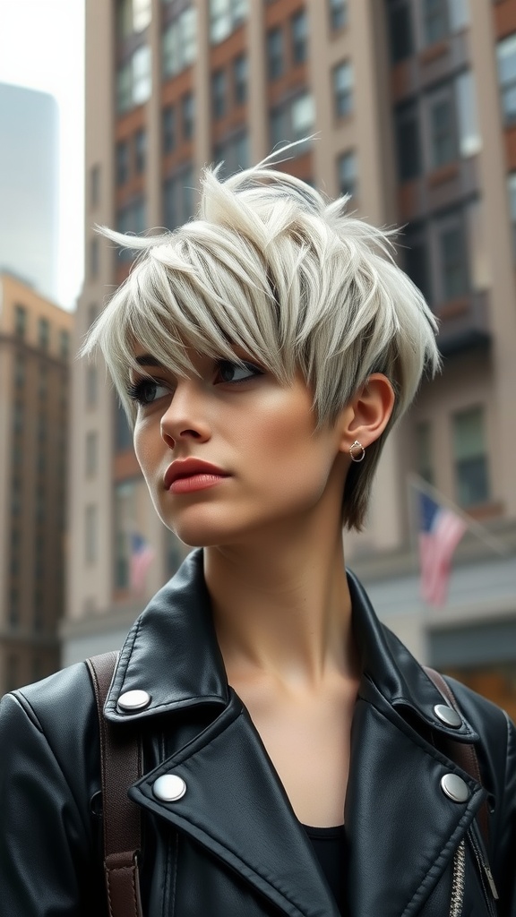 A woman with a shaggy crop hairstyle featuring frosted tips, wearing a leather jacket in an urban setting.