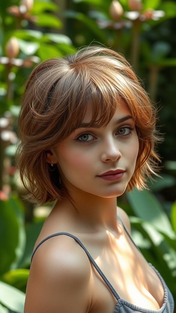 A woman with a shaggy crop hairstyle featuring wispy bangs, surrounded by greenery.