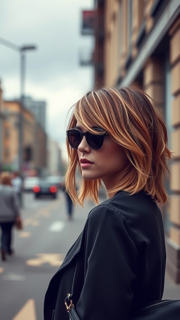 A woman with medium-length shaggy layers and choppy ends, wearing sunglasses, standing in an urban setting.
