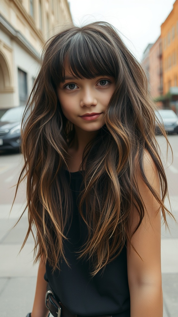 A girl with shaggy layers and fringed bangs, looking confidently at the camera.