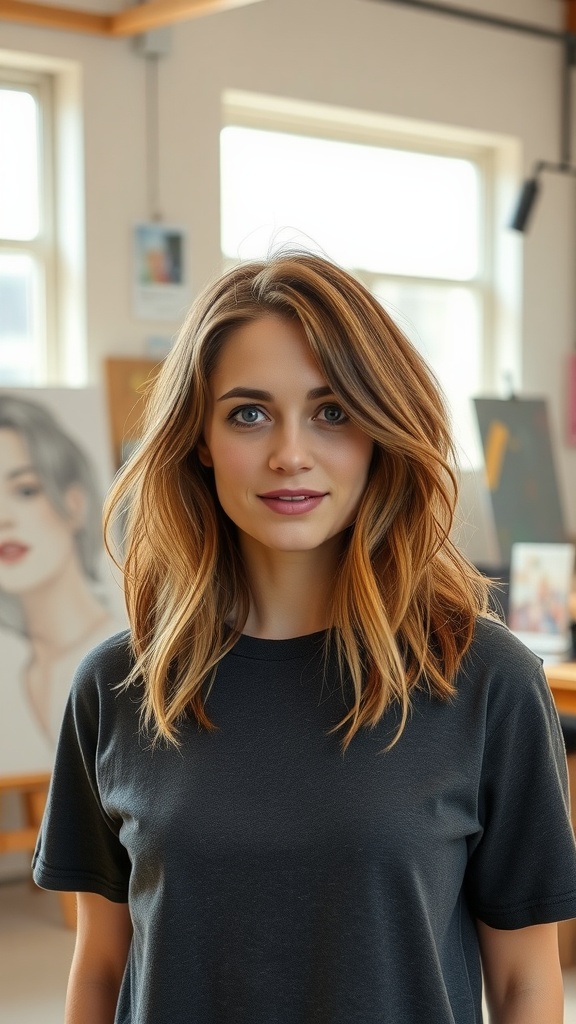 Woman with shaggy lob hairstyle featuring asymmetrical layers