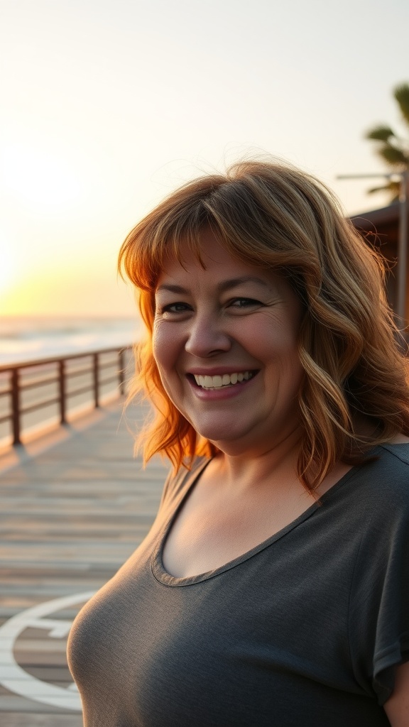 A woman with shaggy lob haircut and curtain bangs smiling at the beach during sunset.