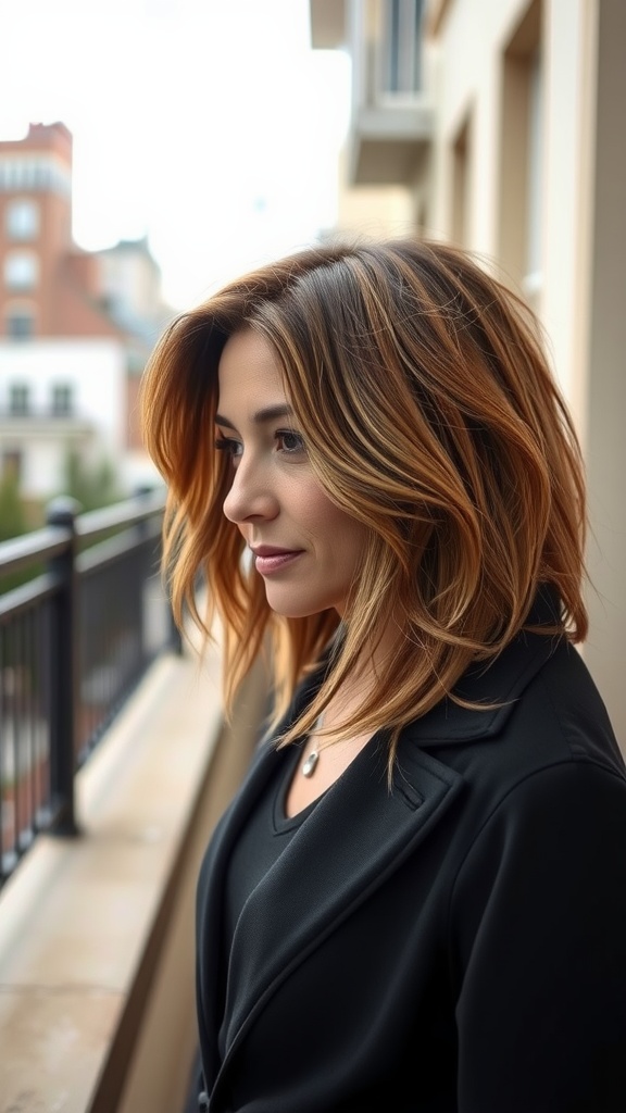 A woman with shaggy lob hairstyle featuring a deep side part, showcasing soft waves and natural volume.