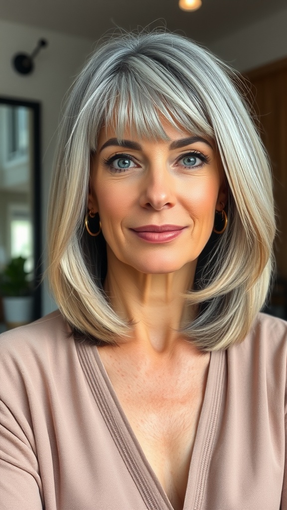 A woman with a shaggy lob hairstyle featuring face-framing layers and light highlights.