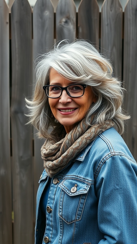A woman over 60 with shaggy lob hairstyle and natural waves, wearing a denim jacket and scarf, smiling against a wooden fence.