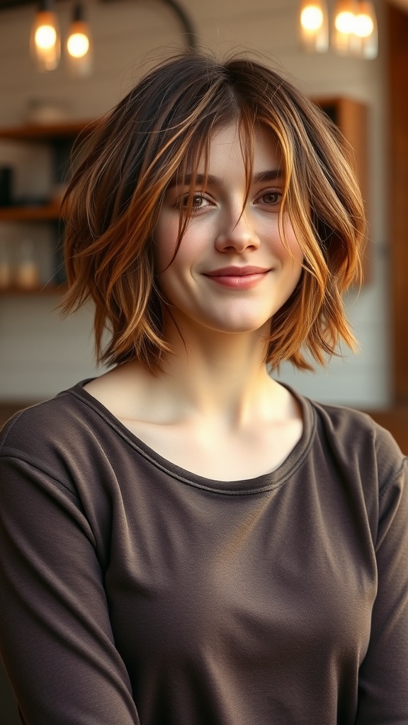 A young woman with shaggy lob hairstyle and piecey curtain bangs, smiling softly.