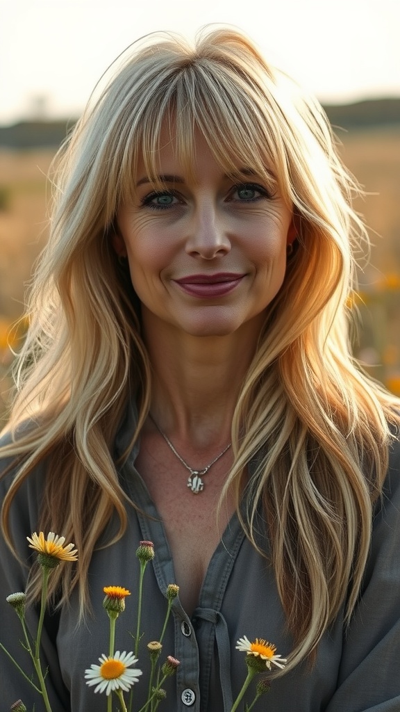 A woman with long shaggy hair and fringed bangs, holding flowers in a field