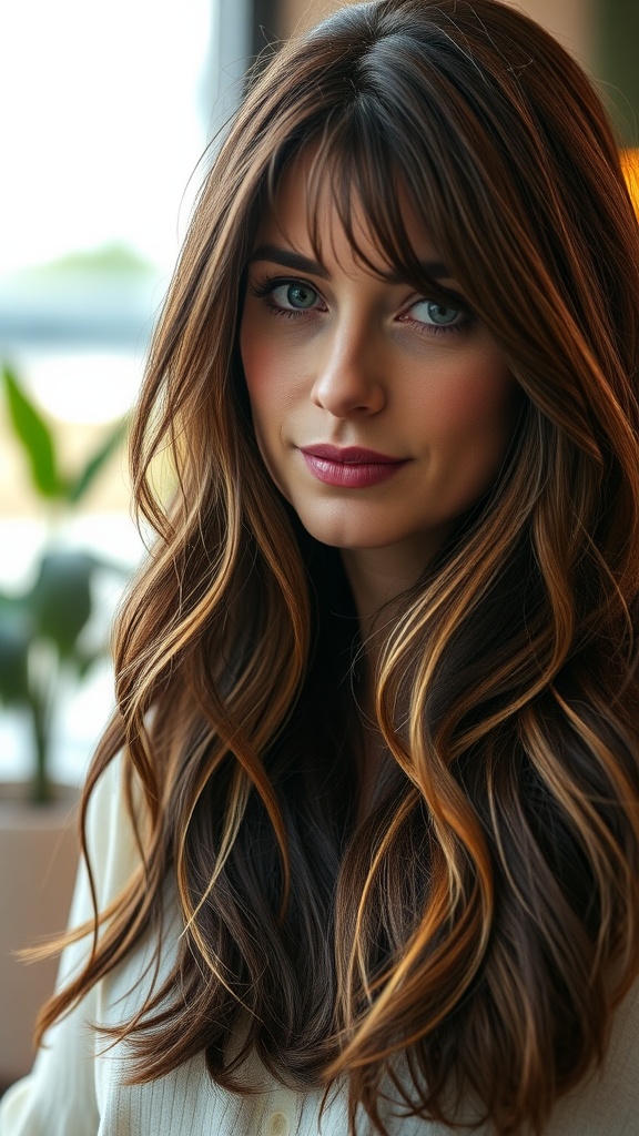 Woman with shaggy long layers and side-swept fringe, showcasing a youthful hairstyle.