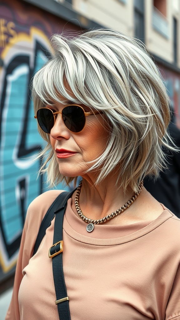 A stylish woman with a shaggy midi haircut and fringed bangs, wearing sunglasses and a trendy outfit.