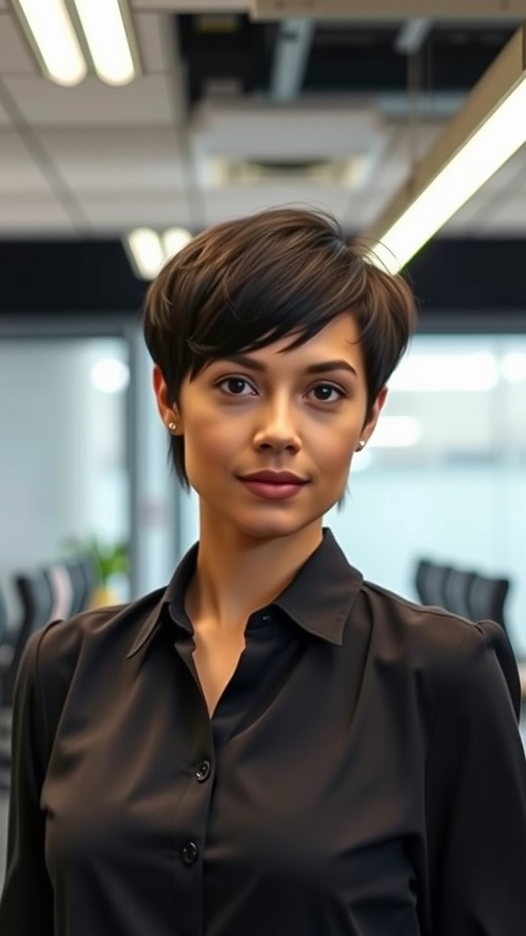 A woman with a shaggy pixie haircut featuring sharp layers, wearing a black shirt, in an office setting.