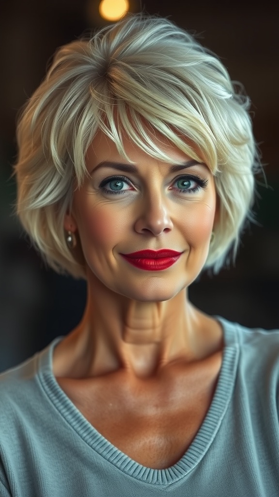 A woman with a shaggy pixie haircut and soft waves, smiling confidently.