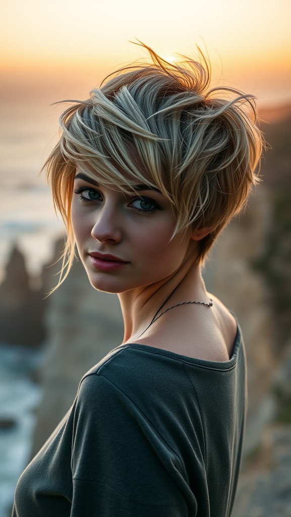 A woman with a shaggy pixie haircut and textured fringe, standing outdoors with a sunset in the background.