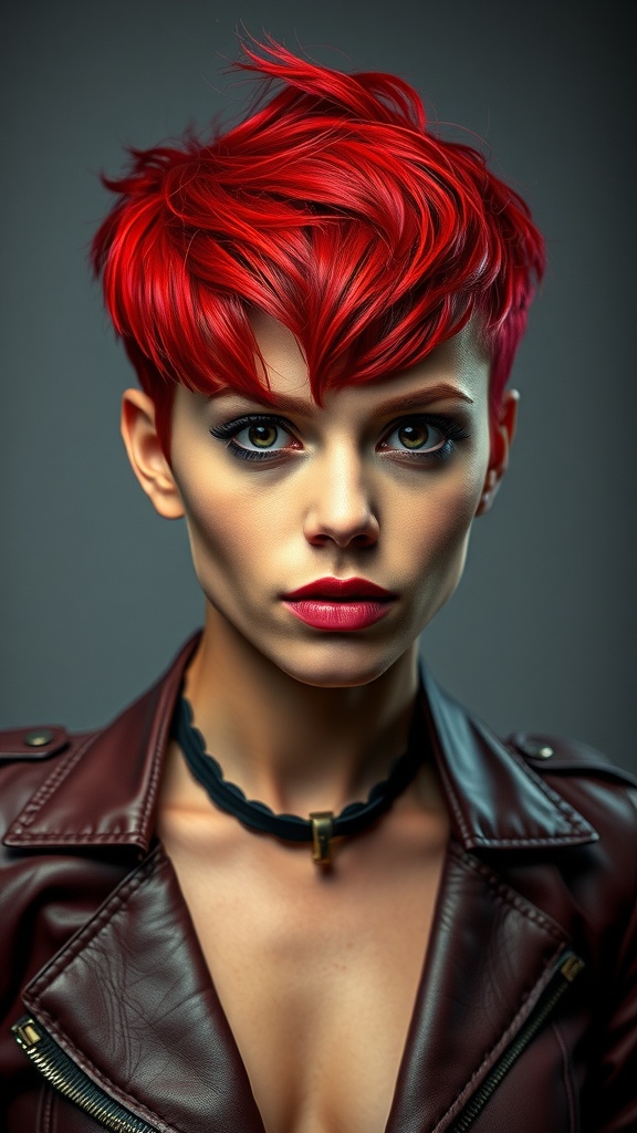 A stylish woman with a shaggy pixie haircut in vibrant red, featuring an undercut, wearing a leather jacket.