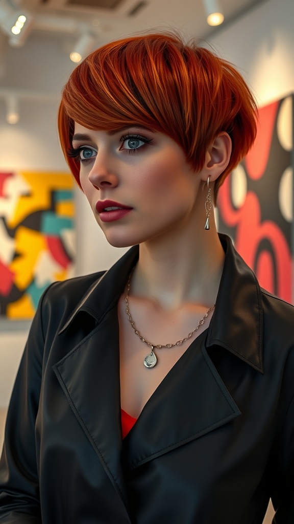 A young woman with a short A-line bob haircut in a vibrant red color, featuring an undercut design, wearing a black coat and silver earrings, posed in an art gallery.