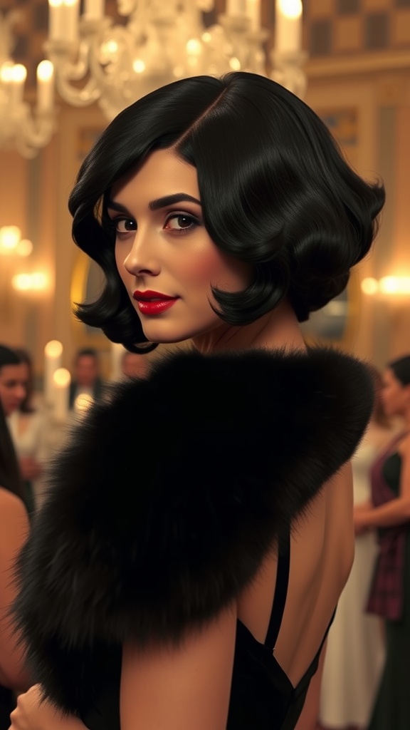 A woman with a sleek short asymmetrical bob hairstyle, wearing a black dress and red lipstick, in an elegant setting.