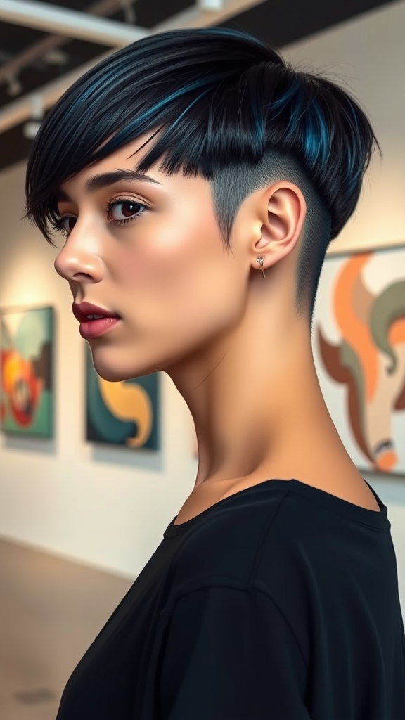 A woman with a short asymmetrical bob and undercut, featuring dark blue and black hair, seen from the back.