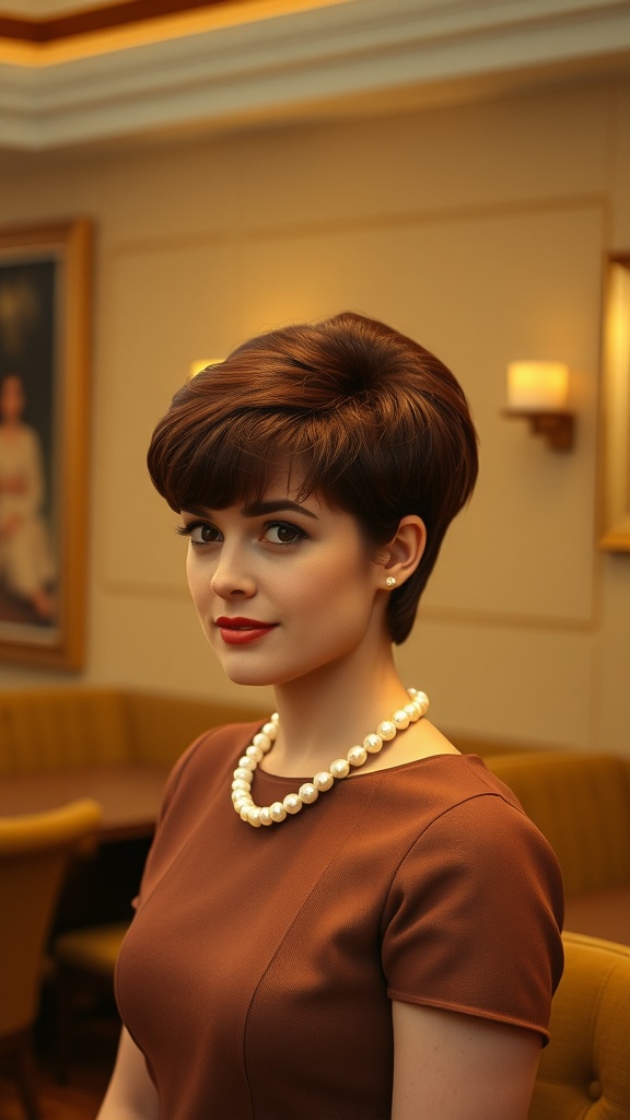 A woman with a short beehive hairstyle wearing a brown dress and pearl necklace.