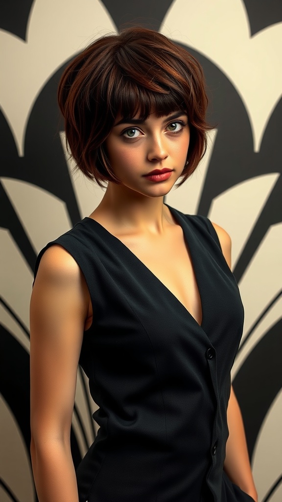 A woman with a short boyish crop hairstyle, wearing a black outfit, set against a patterned background.