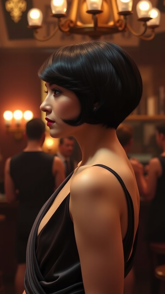 A woman with short brushed-back waves, showcasing a chic hairstyle and elegant appearance.