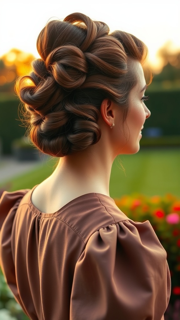 A woman with a short chignon hairstyle adorned with pin curls, set against a sunset background.