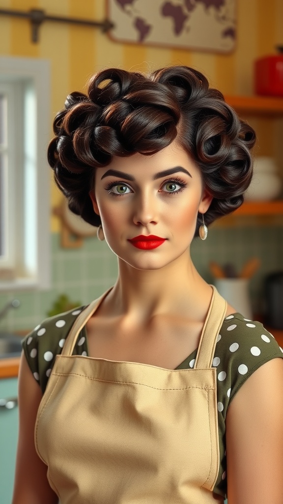 A woman with short coiled curls wearing an apron in a vintage kitchen setting.