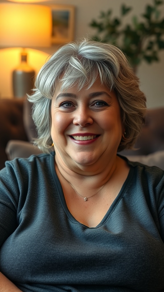 A smiling woman with short, wavy hair, wearing a dark top, sitting in a cozy living space.