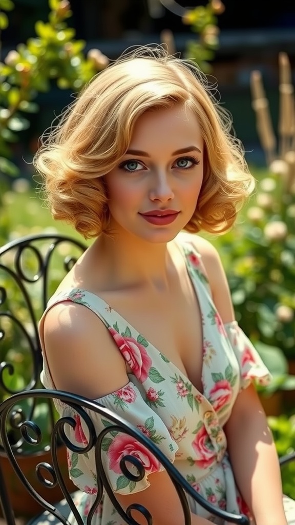 A woman with a short curled bob hairstyle, wearing a floral dress, sitting on a chair in a garden.