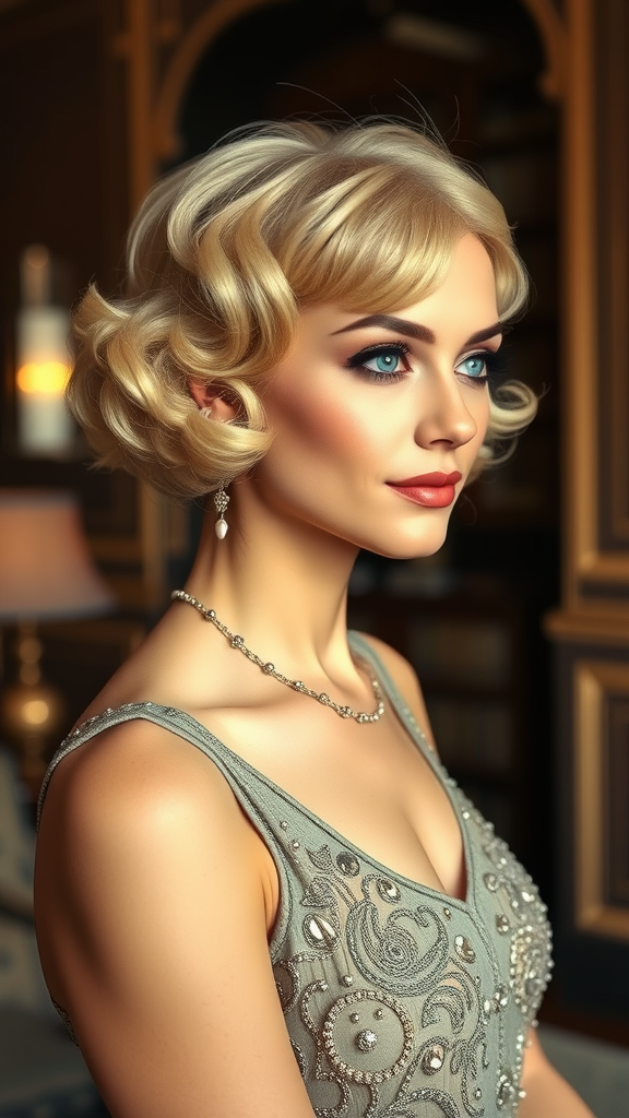 A woman with a short curled faux bob hairstyle, looking glamorous with red lips and a sparkling dress.