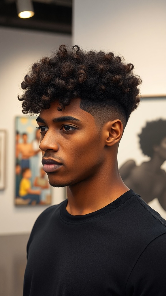 A young man with a short curly afro hairstyle, showcasing defined curls and tapered sides.