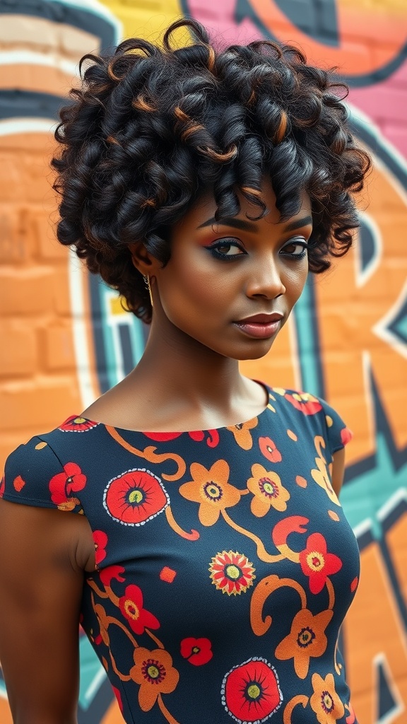 A woman with a stylish short curly afro hairstyle, wearing a colorful floral dress against a graffiti background.