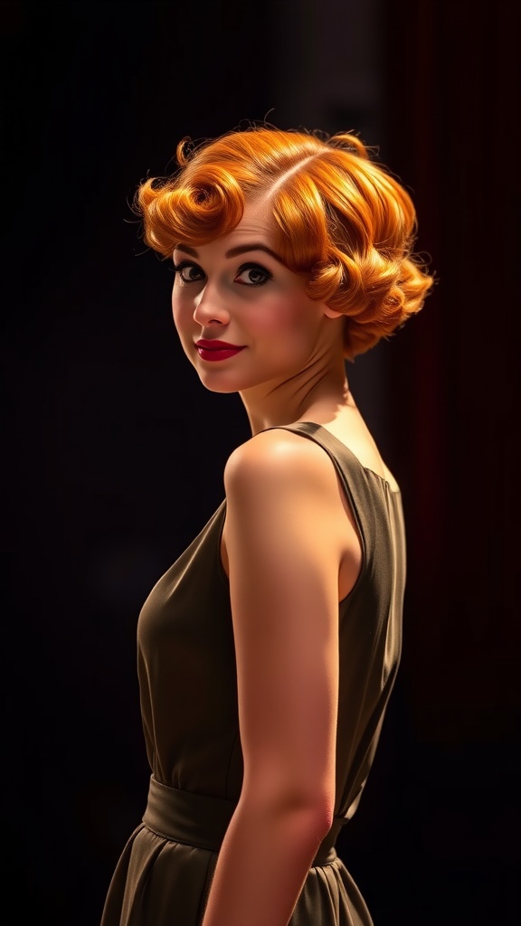 Woman with short curly bangs and warm orange hair, wearing a stylish dress