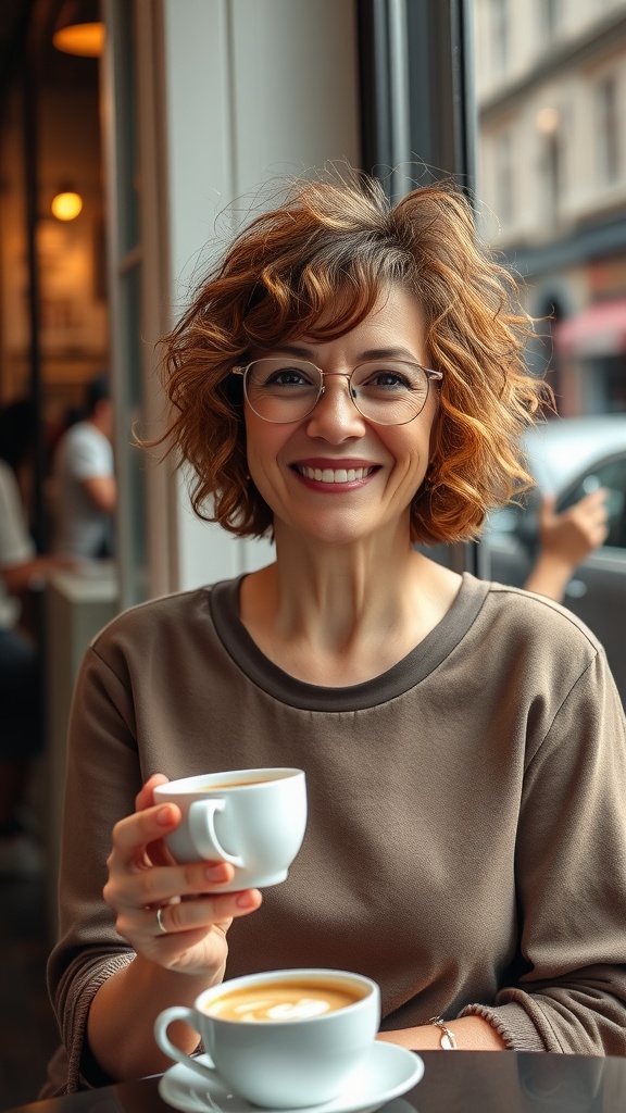 A woman enjoying coffee with a short curly bob hairstyle and soft front bangs, smiling at the camera.