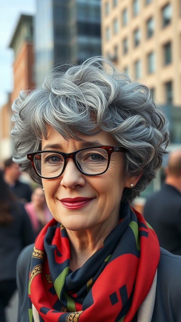A stylish woman with short curly hair and tapered sides, wearing glasses and a colorful scarf.