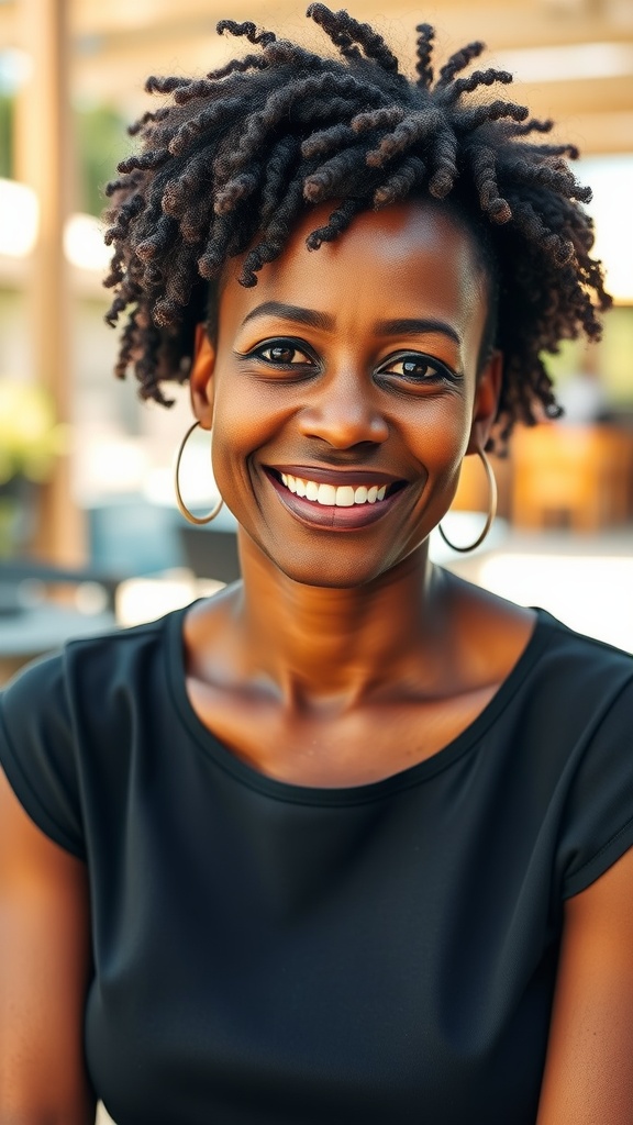 A woman with short curly hair, smiling confidently, wearing hoop earrings and a black shirt.