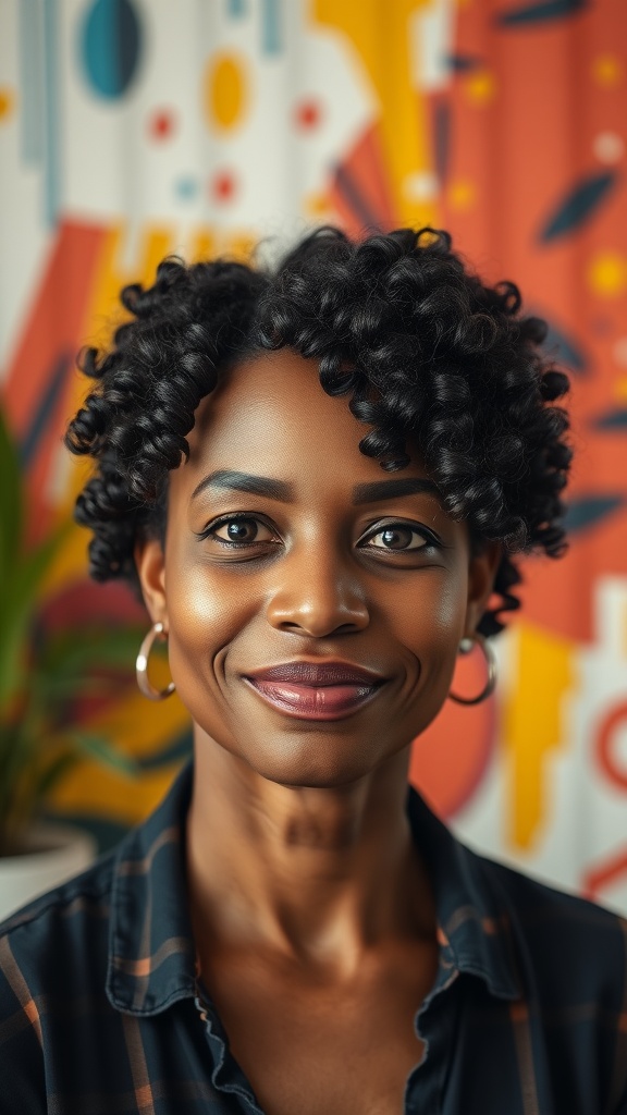 A woman with a short curly pixie haircut, smiling, with a colorful background.