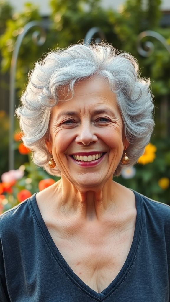 A smiling older woman with short curly silver hair, wearing a dark top, against a backdrop of colorful flowers.