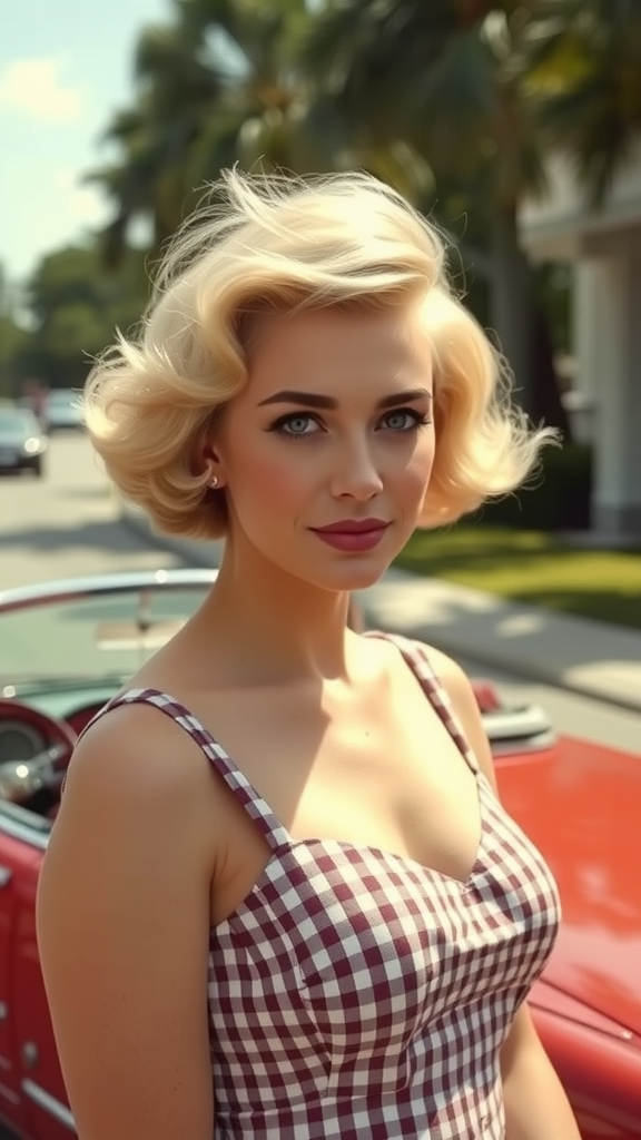 Woman with a short feathered flip hairstyle, wearing a checked top, standing by a classic car.