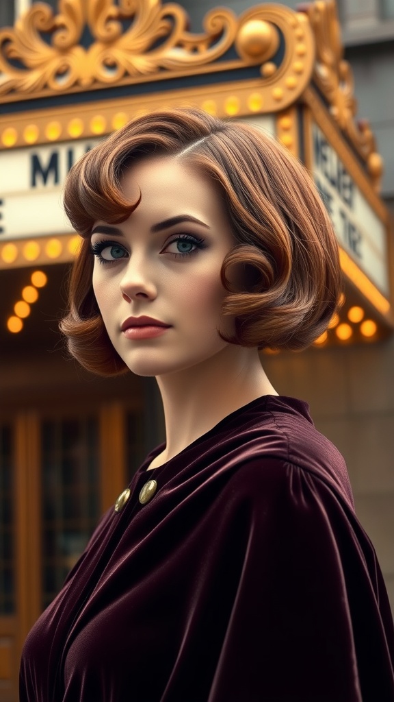 A woman with a Short Finger Curl Bob hairstyle, featuring soft curls and a stylish outfit, standing in front of a vintage theater.