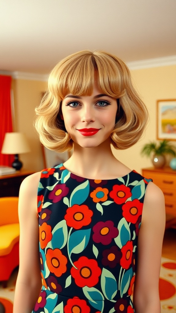 A woman with a short hairstyle featuring flipped bangs, wearing a colorful floral dress.
