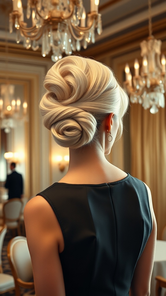 A woman with a stylish short French twist updo, showcasing elegance in a luxurious setting.