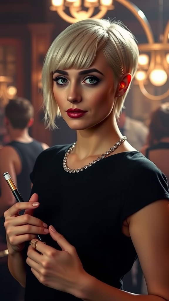 A woman with a short fringe cut, wearing a black dress and holding a pen, with elegant earrings and bold makeup.