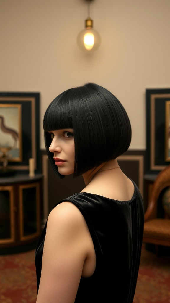 A woman with a sleek black helmet bob hairstyle, featuring blunt bangs, posing in a stylish room.